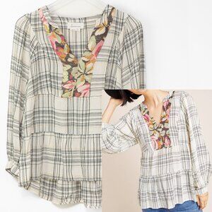 Anthropologie Darlene Plaid Peasant Blouse Plaid Top Floral Yoke Size Small